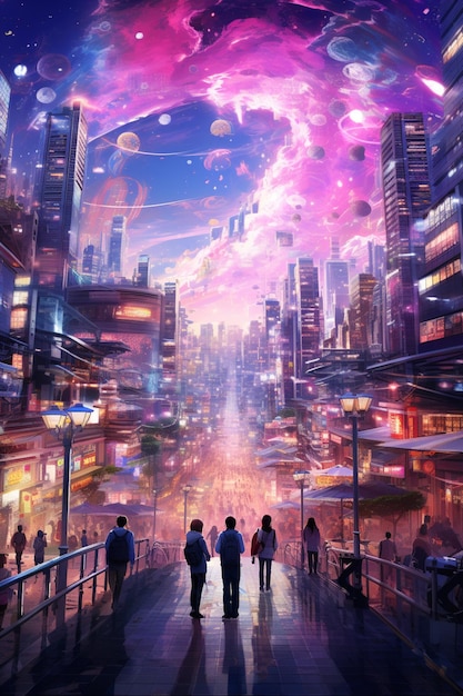 Foto cena da cidade de anime com pessoas caminhando por uma passarela à noite