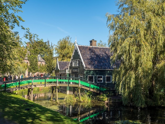 Cena da cidade de zaan schans, pequena cidade de moinhos de vento históricos, mostra cenas rurais sob céu azul claro