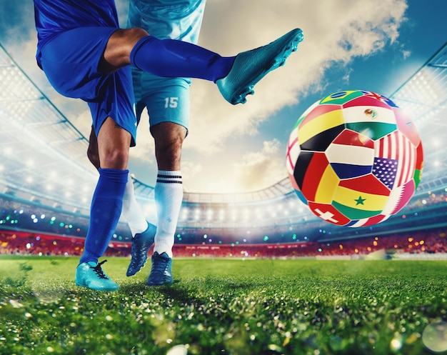 Cena da copa do mundo com jogadores de futebol concorrentes no estádio