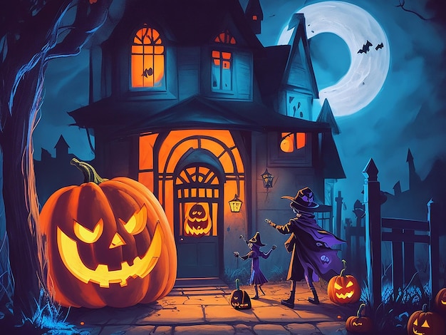 Cena da Noite de Halloween Ilustração de desenho animado