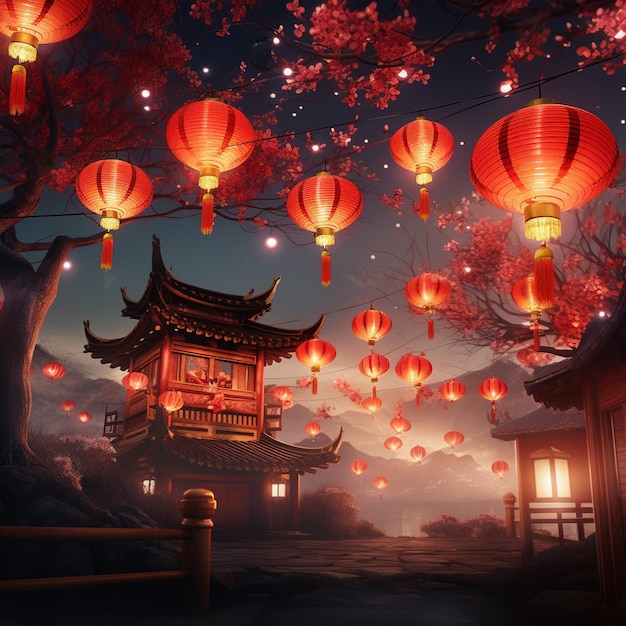 cena da noite mística o céu está cheio de lanternas vermelhas brilhantes decoração de ano novo chinês gerada por IA