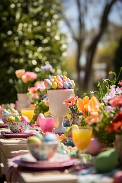 Foto cena da páscoa um jardim de primavera vibrante cheio de flores coloridas em plena floração