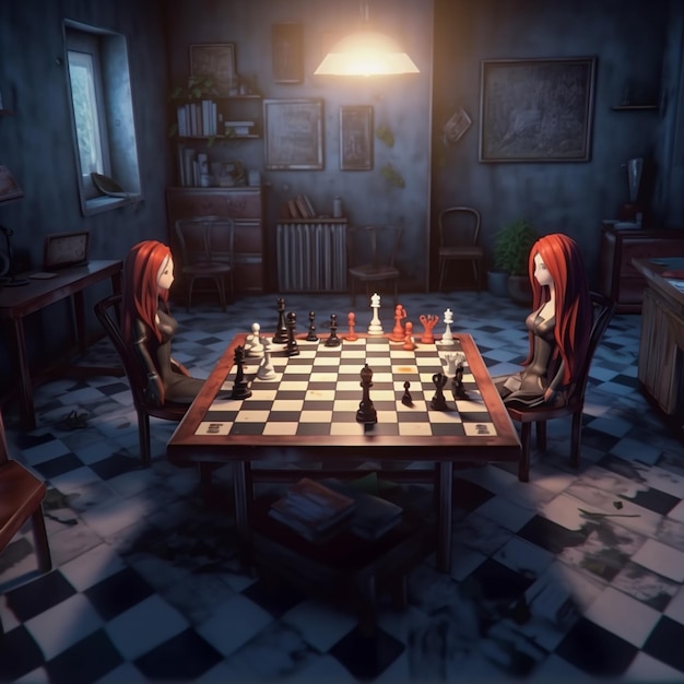 Foto cena de anime de duas mulheres jogando xadrez em uma sala escura