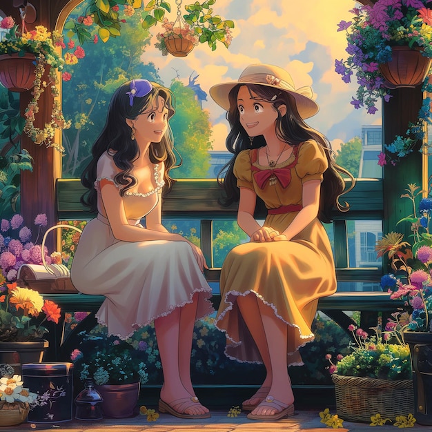 Foto cena de anime de duas mulheres sentadas em um banco em um jardim generativo ai