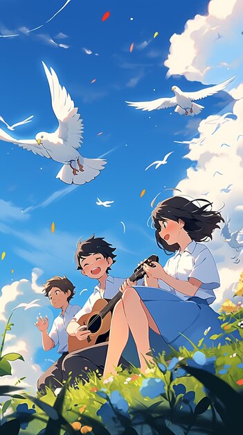 Foto cena de anime de um grupo de pessoas sentadas em uma colina com um pássaro voando generativo ai
