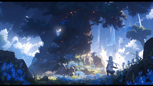 cena de anime de um homem parado em uma floresta com uma espada generativa ai