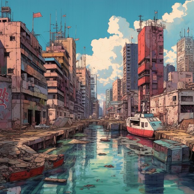 Cena de anime de uma cidade com um rio e um barco generativo ai