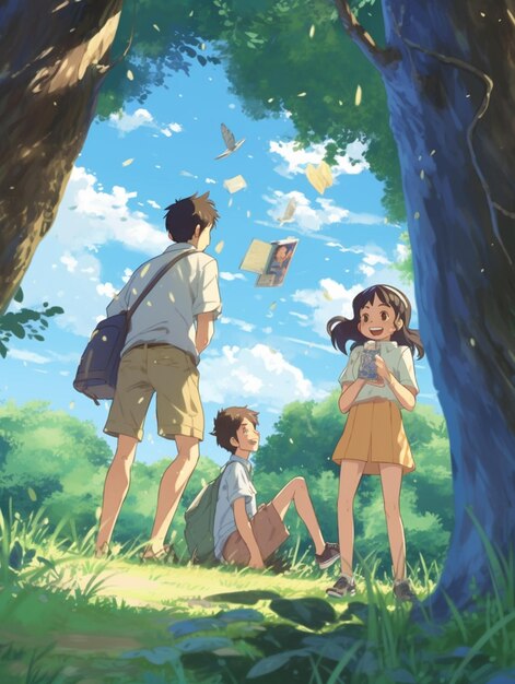 cena de anime de uma família lendo um livro na floresta