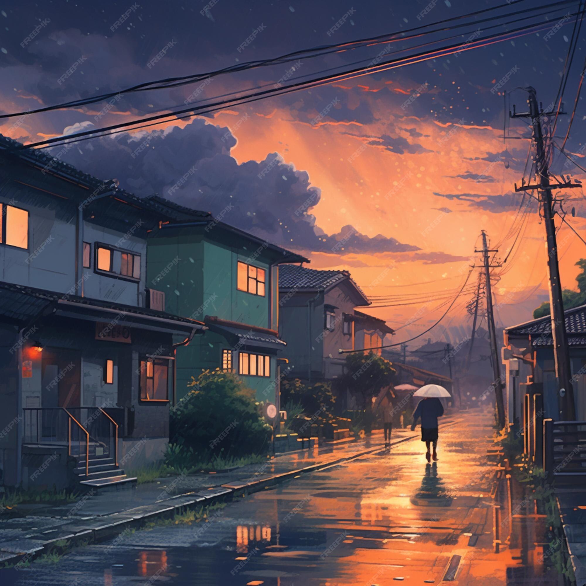 Cena de anime de uma pessoa andando na chuva com um guarda-chuva