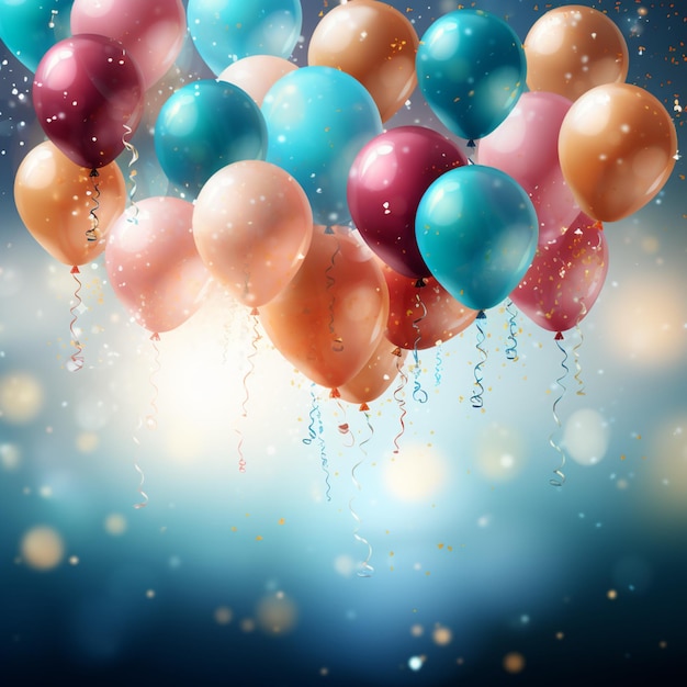Cena de aniversário feliz com balões coloridos, confete brilhando em branco para as redes sociais.