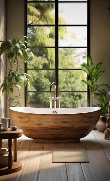 Cena de banheiro renderizada em 3D com uma mesa lateral de madeira, banheira e vegetação Vertical Mobile Wall