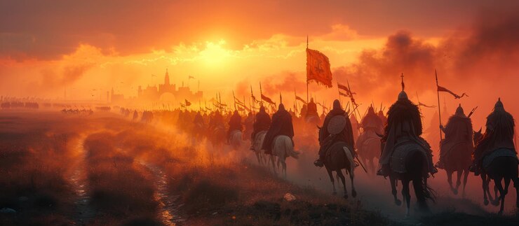 Foto cena de batalha medieval entre guerreiros em um fundo de pôr-do-sol nebuloso
