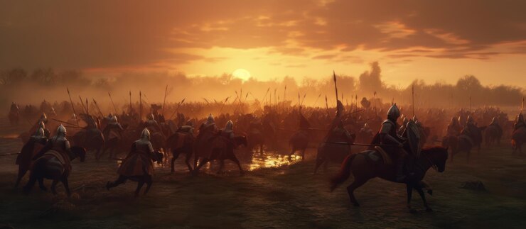 Foto cena de batalha medieval entre guerreiros em um fundo de pôr-do-sol nebuloso