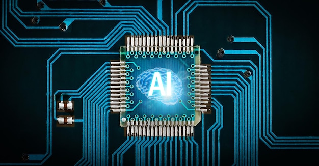 Foto cena de chip de hardware inteligente tridimensional de inteligência artificial ai. focado em ia