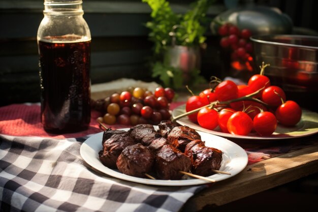 Foto cena de churrasco com cola de cereja na mesa