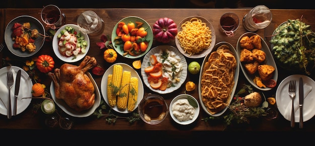 Foto cena de cima celebração do dia de ação de graças jantar tradicional conceito de comida jantar de ação de graças