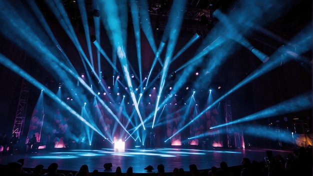 Cena de concerto com intensas luzes azuis do palco