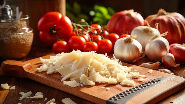 Cena de cozinha com tomates vibrantes, alho e um queijo ralado à mão sobre uma tábua de cortar para uma receita italiana