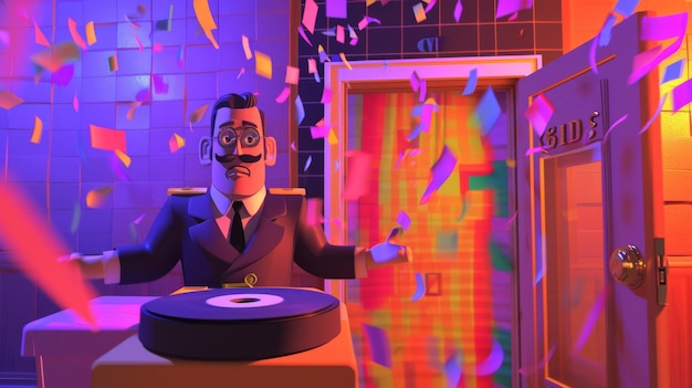 Foto cena de desenho animado de um segurança de cd na entrada da festa verificando a lista de convidados e virando-se