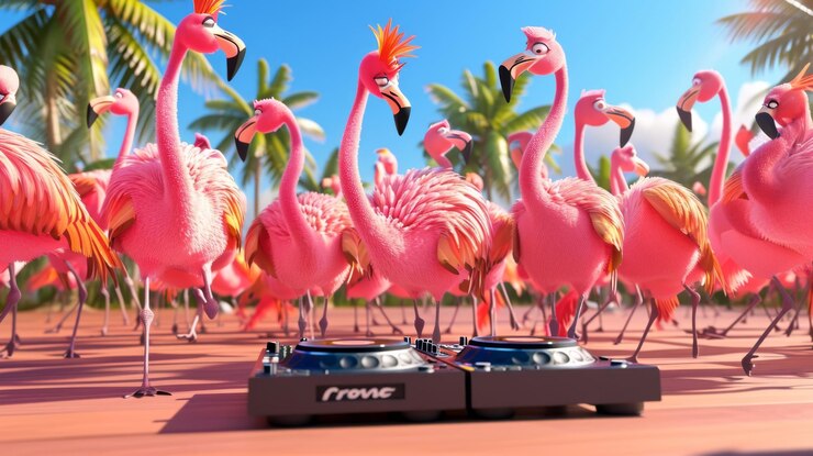 Foto cena de desenho animado de uma festa extravagante com um dj flamingo girando músicas enquanto todos os outros pássaros