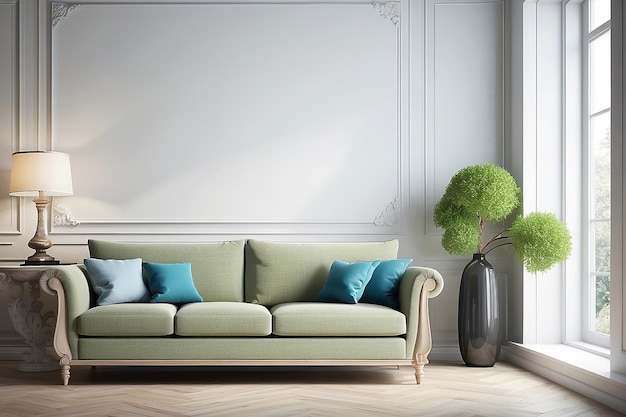 cena de design de interiores com um sofá bonito e um vaso no fundo interessante