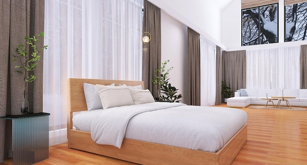 Cena de design de interiores de apartamento moderno com cama e sofá