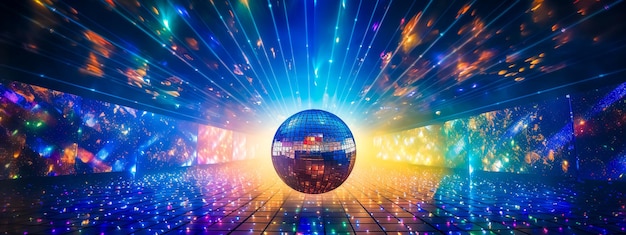 Cena de discoteca vibrante com uma bola de discoteca brilhante no centro lançando raios coloridos de luz