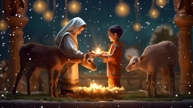 Cena de Eid adha mubarak crianças e animais de sacrifício bela ilustração de foto de fundo 3d Generative Ai