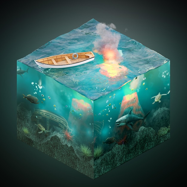 Cena de erupção vulcânica submarina com naufrágio de barco, tubarão, tartaruga, peixes, renderização em 3d Conceito cúbico