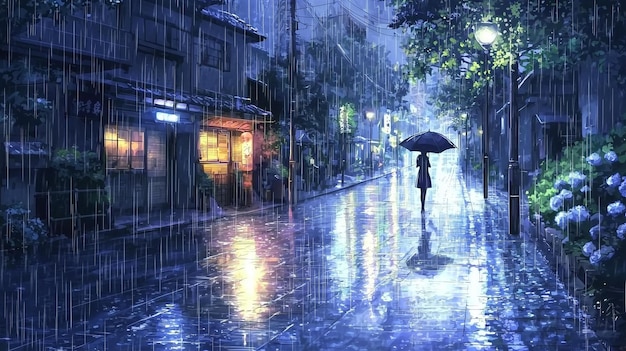 cena de estilo animado de uma rua chuvosa com reflexos de luzes da cidade e uma figura solitária com um guarda-chuva