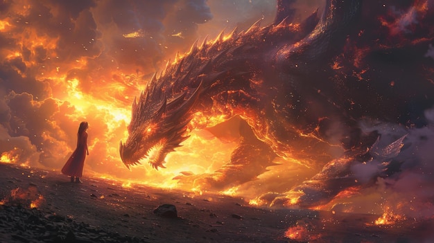 Cena de fantasia com uma menina lutando contra um dragão de fogo pintura de ilustração em estilo digital