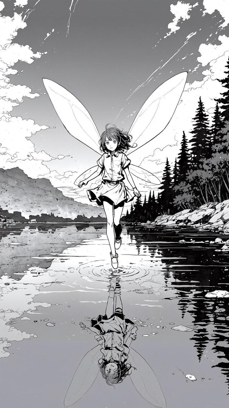 Foto cena de fantasia de uma menina com asas de fada voando sobre um lago calmo com água detalhada e reflexos