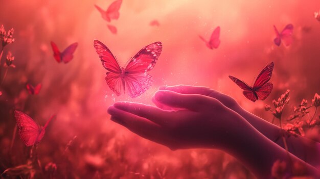Cena de fantasia duas mãos seguram suavemente uma explosão de energia da qual borboletas emergem todas envoltas em uma névoa rosa mística