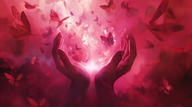 Cena de fantasia duas mãos seguram suavemente uma explosão de energia da qual borboletas emergem todas envoltas em uma névoa rosa mística