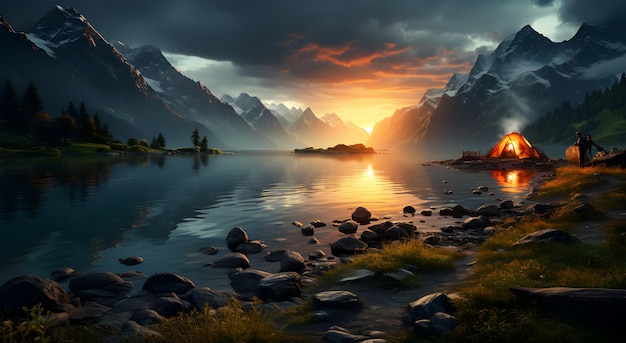 Cena de fantasia épica com água e montanhas circundantes durante o nascer do sol no céu da noite