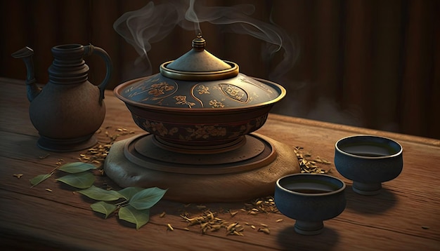 Cena de fechamento da cerimônia do chá japonês com bule de chá de argila, recipiente em pó de chá, tigelas de bandeja de chá