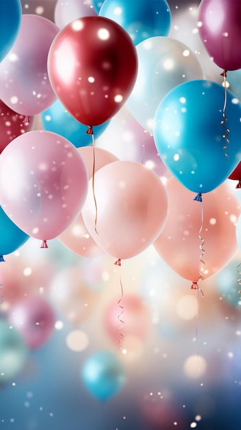 Cena de feliz aniversário com balões coloridos, confetes brilham em papel de parede móvel vertical branco