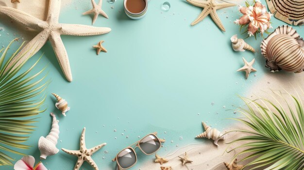 Foto cena de férias tropicais coloridas com uma mala de folhas de palmeira e acessórios de viagem evocando um sen