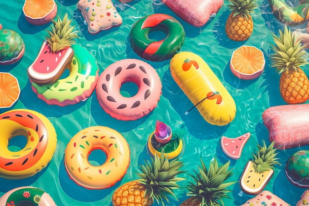 Cena de festa na piscina com coquetéis temáticos tropicais brilhantes e coloridos