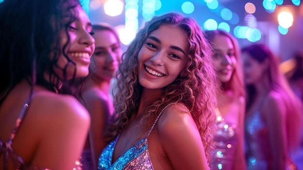 Cena de festa vibrante com jovens mulheres alegres desfrutando da vida noturna atmosfera festiva colorida capturada em um clube animado configuração celebração alegre com amigos AI