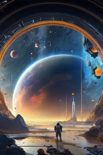 Cena de ficção científica de exploração espacial além do horizonte de eventos