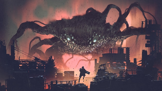 cena de ficção científica mostrando o monstro gigante invadindo a cidade noturna, estilo de arte digital, pintura de ilustração