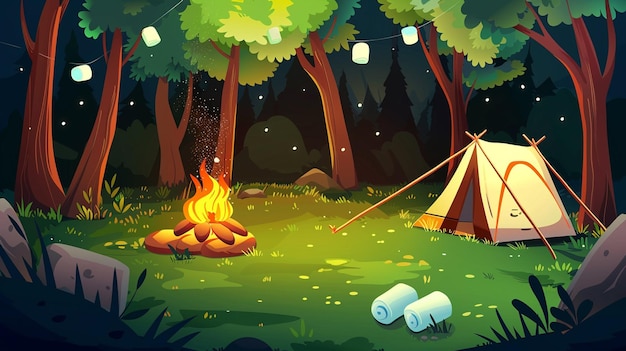 Cena de floresta de desenho animado vetorial com um acampamento tranquilo e marshmallows assados