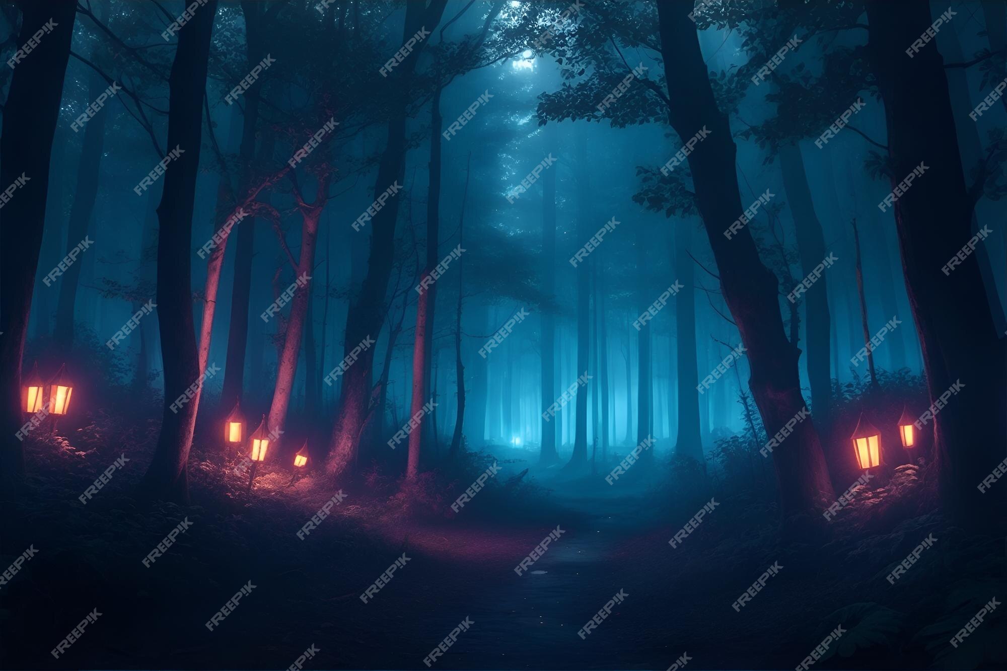 Floresta de fantasia de anime à noite generative ai