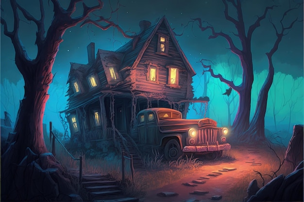 Cena de floresta escura com caminhoneiro e casa assombrada abandonada Conceito de fantasia Ilustração pintura Generative AI