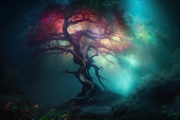 Cena de floresta mística Árvore de fantasia brilhando com cores neon em uma noite mágica