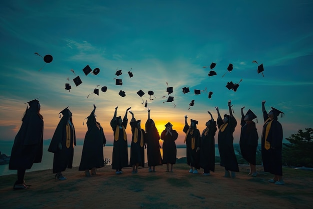 Cena de formatura inspiradora com estudantes jogando bonés contra um fundo cênico Momento de formatura motivador de bonés jogados em meio a um cenário pitoresco