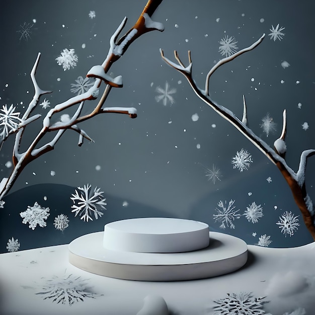 Cena de fundo de flocos de neve de inverno com maquete de pódio branco generativo ai
