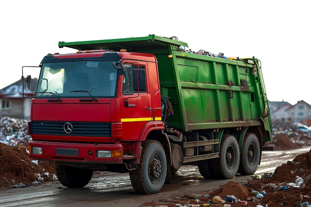 Cena de gerenciamento de resíduos Caminhões de lixo descarregam em contêineres isolados