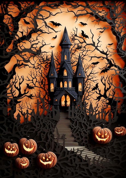 cena de halloween com abóboras e um castelo assustador no fundo generativo ai